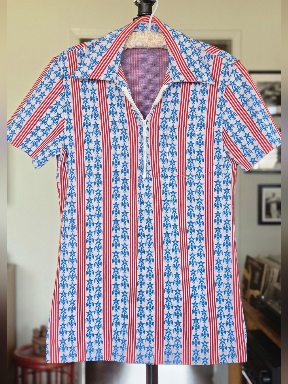 VTG 60s 70s Red & Blue Striped Short-Sleeve  Tunic